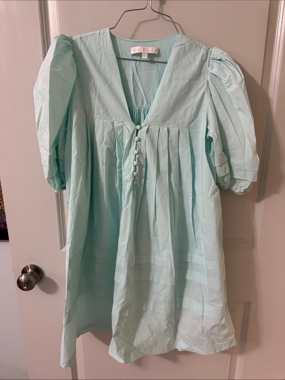 Karlie Mint Puff-Sleeve V-Neck Babydoll Tunic
